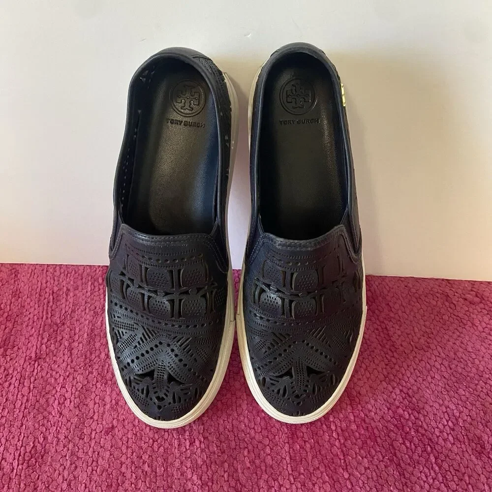 Tory Burch Lennon Slip On Leather Sneakers Laser Perforated Navy Blue Size 8.5M